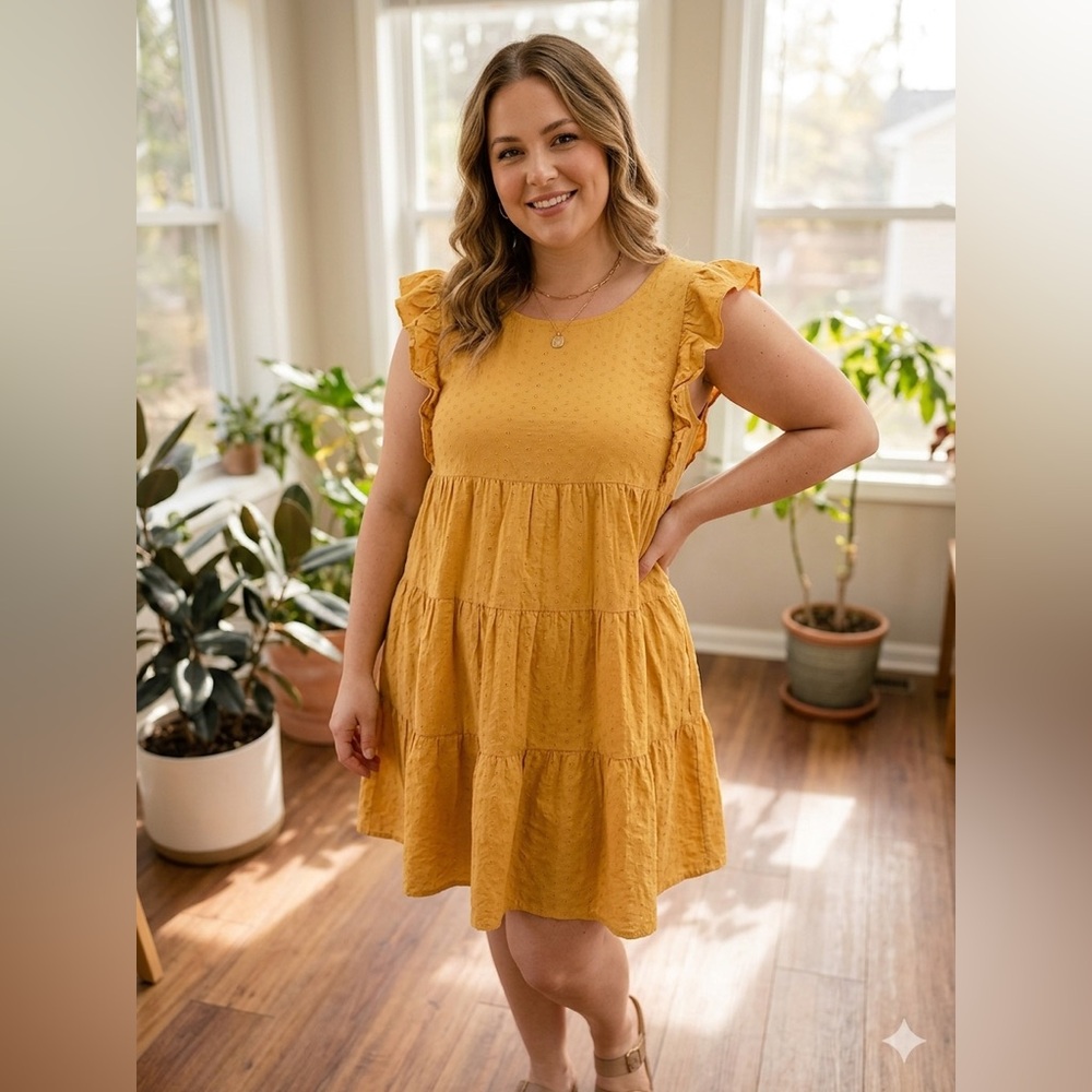 Bohme Yellow Ruffle Sleeve Tiered Textured Dress